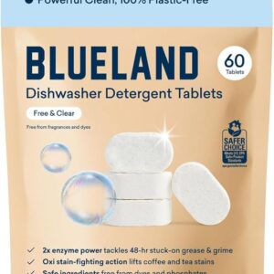 BLUELAND 100% Plastic-Free Dishwasher Detergent Tablets, 60 Count, Free & Clear, Eco-Friendly Dishwashing Pods, Natural, Sustainable