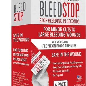 BleedStop First Aid Powder for Blood Clotting, Trauma Kit, Blood Thinner Patients, Camping Safety, and Survival Equipment for Moderate to Severe Bleeding Wounds or Nosebleeds (Bleedstop - 4 Pack 15g)