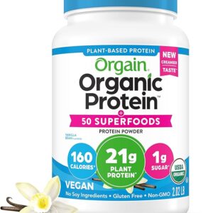 Orgain Organic Vegan Protein + 50 Superfoods Powder, Vanilla Bean - 21g Plant Based Protein, 8g Prebiotic Fiber, No Lactose Ingredients, Gluten Free, No Added Sugar, Non-GMO, 2.02 lb